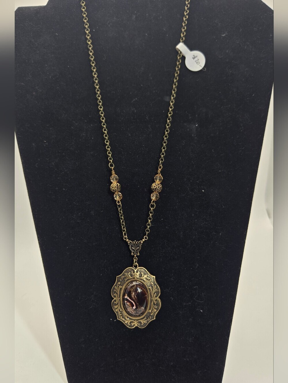Bronze Tone Pendant Necklace With Brown Swirl Gem And Glass Beads